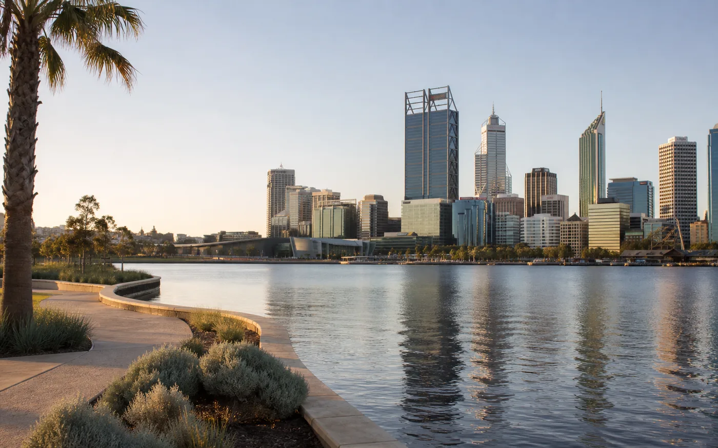 A view of Perth and the Swan River in warm afternoon light